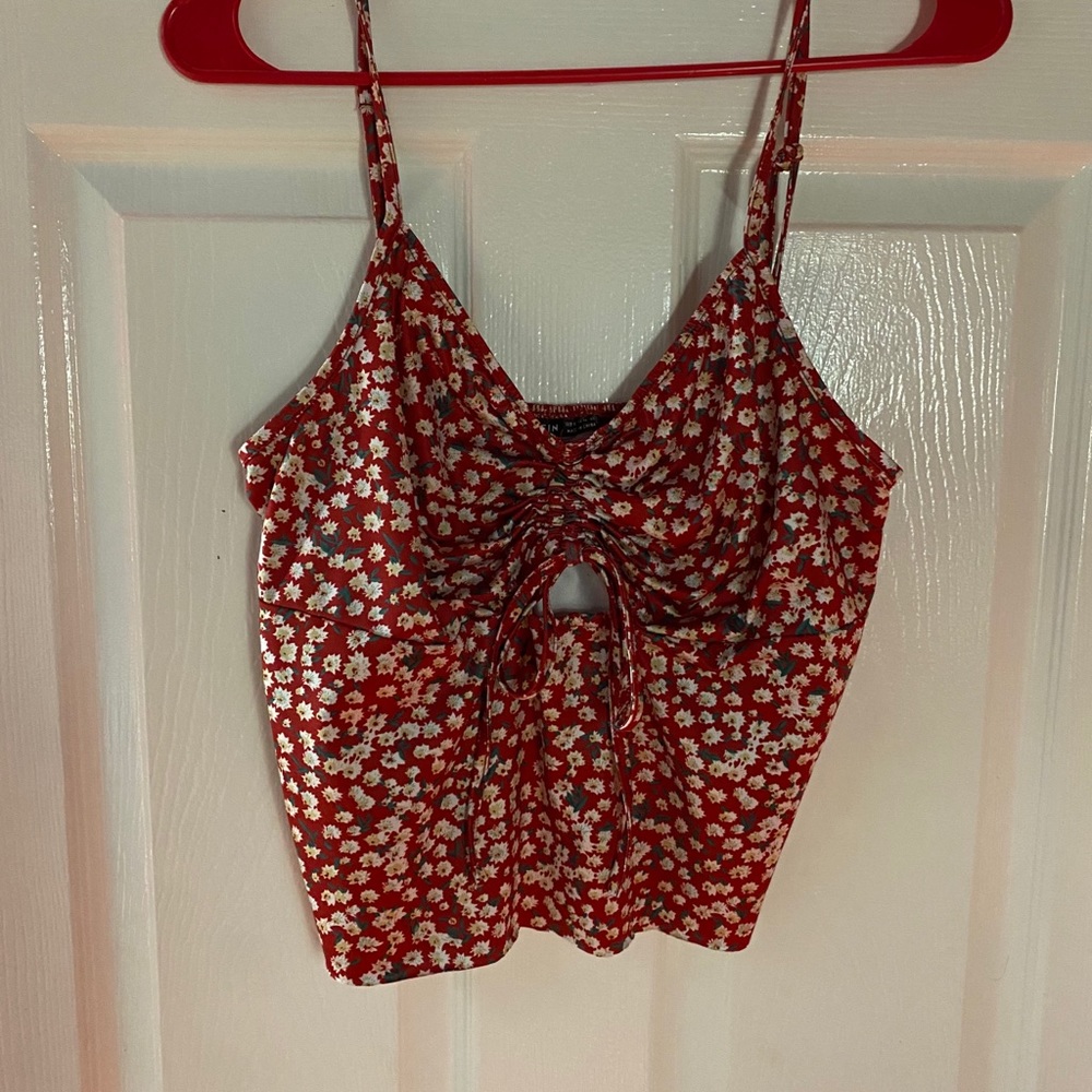 Ditsy Red Flower Open Front Crop Top